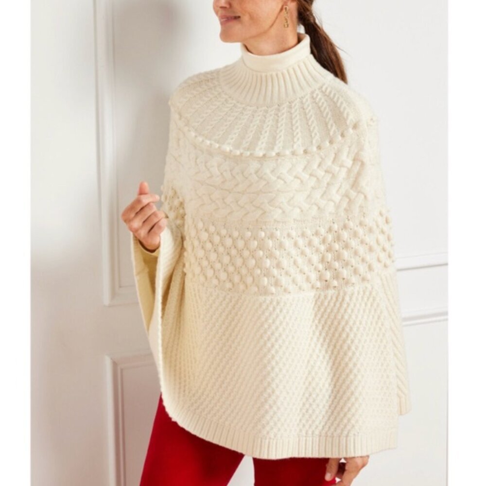 Talbots Chunky Cable Knit Poncho Sweater, Ivory Cream, Small